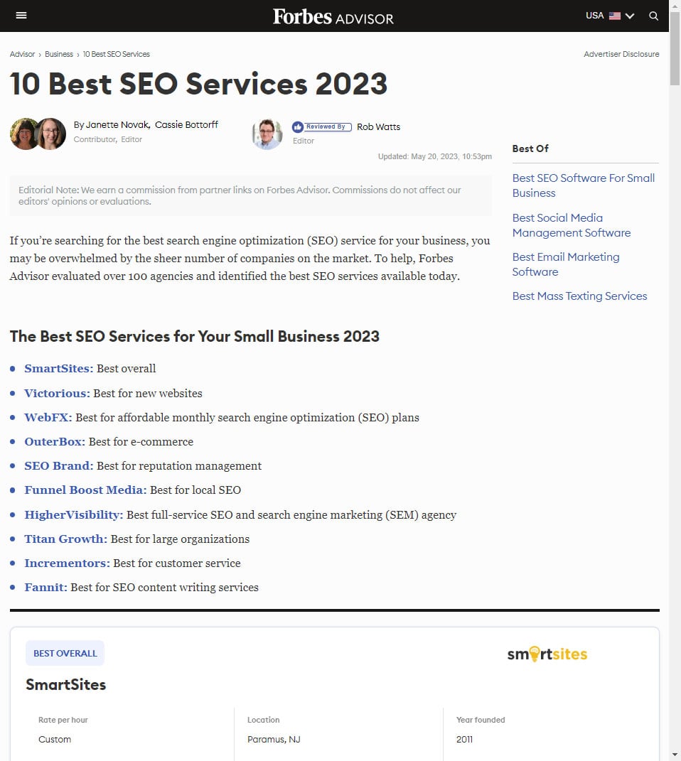 Best SEO Services for Small Business by Forbes